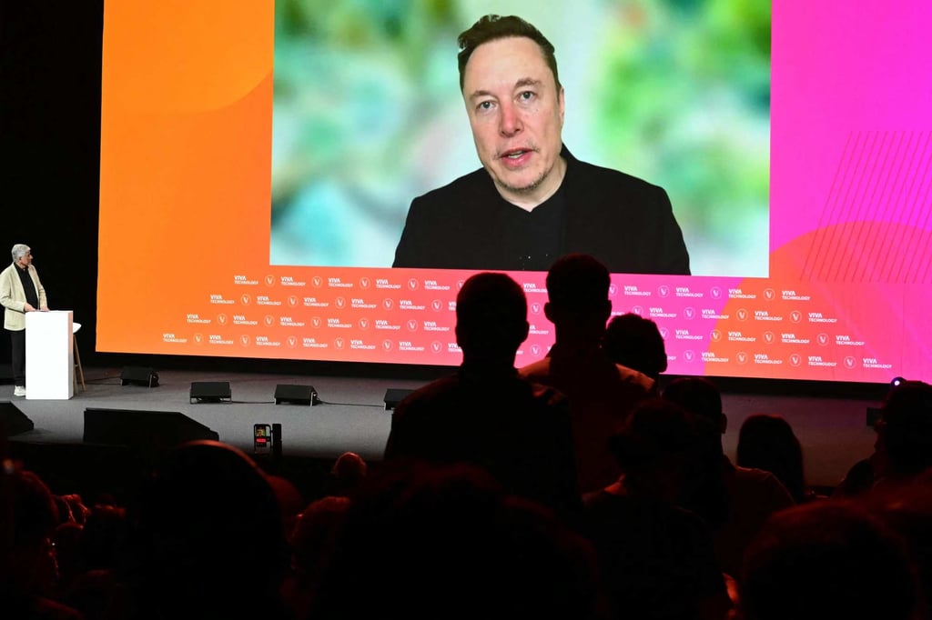Elon Musk addresses via videoconference the audience at Viva Technology, Europe’s biggest start-up and tech conference, at the Porte de Versailles exhibition centre in Paris on May 23, 2024. Photo: Agence France-Presse Elon Musk addresses via videoconference the audience at Viva Technology, Europe’s biggest start-up and tech conference, at the Porte de Versailles exhibition centre in Paris on May 23, 2024. Photo: Agence France-Presse