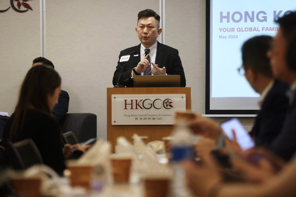 Jason Fong, global head of family office at InvestHK, speaks at an event on family offices at the HKGCC in Admiralty on Monday. Photo: Jonathan Wong