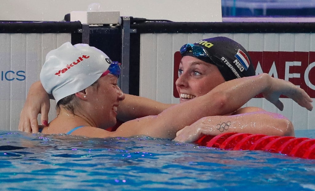 Marrit Steenbergen (right) celebrates with Siobhan Haughey after winning the women’s 100m freestyle at the 2024 FINA World Aquatics Championships in Doha. Photo: EPA-EFE Marrit Steenbergen (right) celebrates with Siobhan Haughey after winning the women’s 100m freestyle at the 2024 FINA World Aquatics Championships in Doha. Photo: EPA-EFE