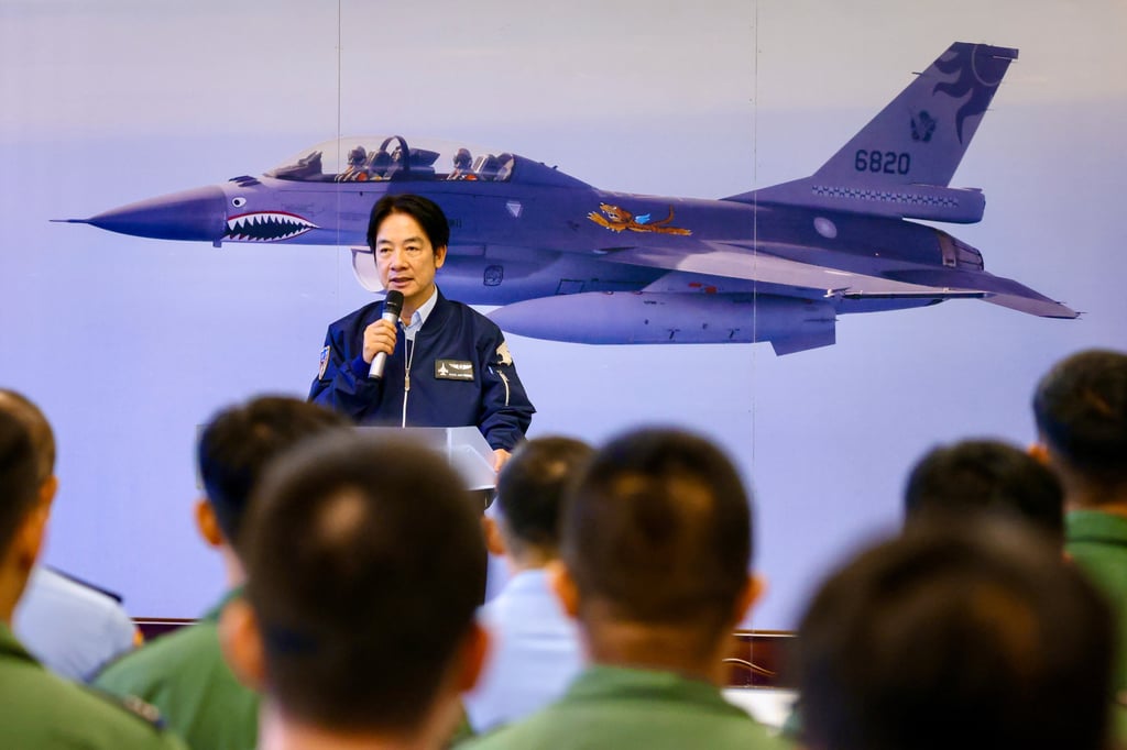 Taiwanese leader William Lai Ching-te speaks to military personnel during a visit to an air base in Hualien on Monday. Photo: EPA-EFE