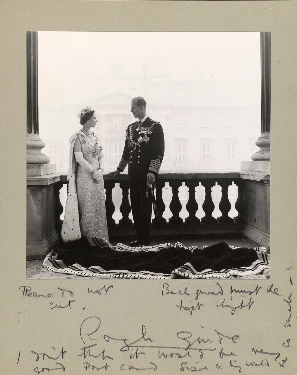 Queen Elizabeth and the Duke of Edinburgh. Proof with handwritten instructions, 1958. Photo: Antony Armstrong-Jones