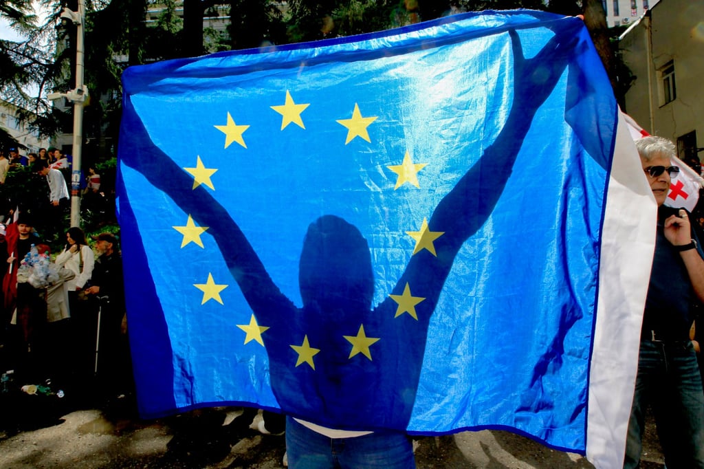 A demonstrator holds a EU flag. Photo: AP A demonstrator holds a EU flag. Photo: AP