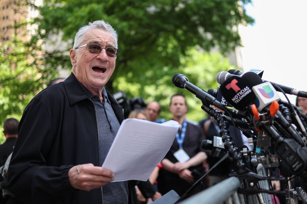 US actor Robert De Niro speaks in support of US President Joe Biden outside court in New York on Tuesday. Photo: AFP