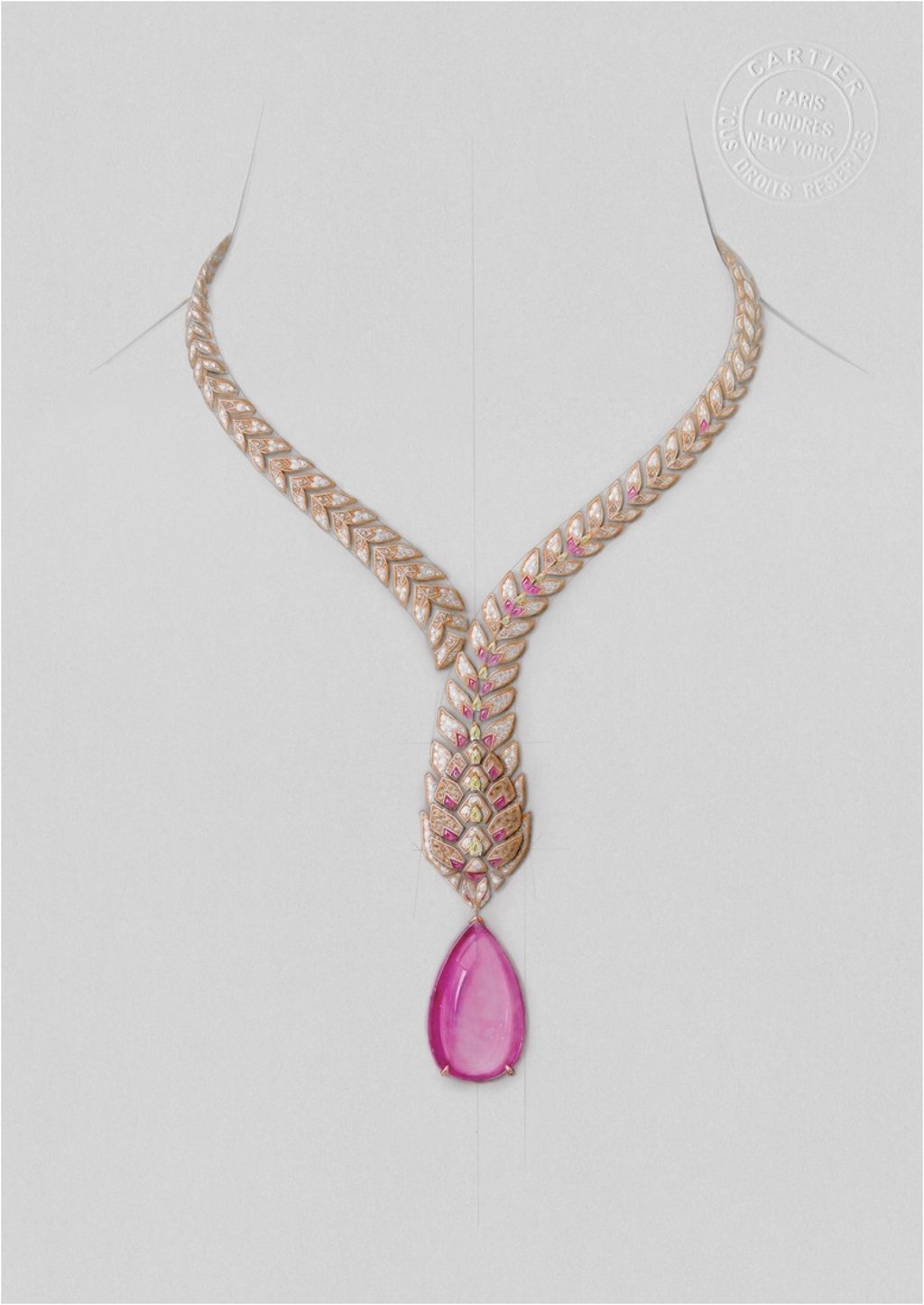 The Mochelys necklace conceals a turtle, which can be removed and worn as a brooch. It is made of pink gold, rubellites and diamonds