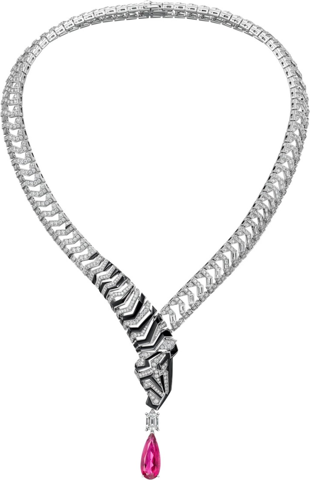 The Koaga necklace, in white gold, rubellite, onyx and diamonds, depicts a zebra. Photos: Handout