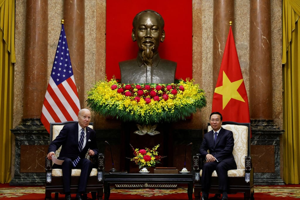 US President Joe Biden meets Vietnam’s former President Vo Van Thuong at the Presidential Palace in Hanoi in September 2023. Photo: Reuters