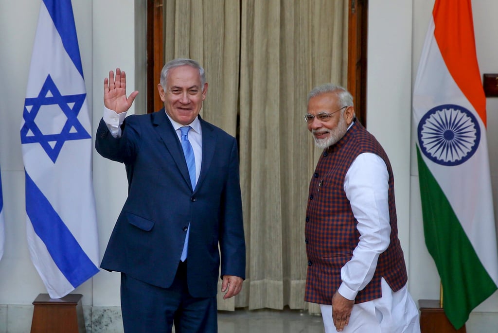 India’s Prime Minister Narendra Modi (right) and Israeli Prime Minister Benjamin Netanyahu arrive for a meeting in New Delhi in 2018. Photo: AP India’s Prime Minister Narendra Modi (right) and Israeli Prime Minister Benjamin Netanyahu arrive for a meeting in New Delhi in 2018. Photo: AP