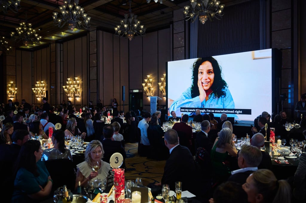 Sameen Agha, grand prizewinner of the 2024 Sovereign Asian Art Prize, spoke to guests via video conferencing at the Sovereign Art Foundation annual charity gala dinner in Hong Kong, on May 20, 2024. Photo: SAF