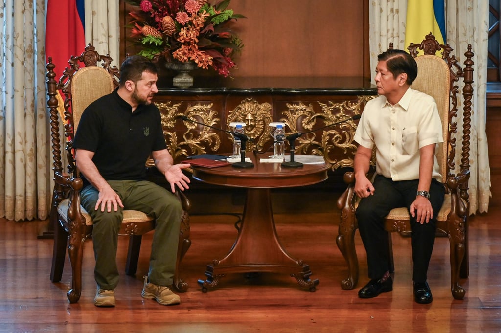 Zelensky and Marcos Jnr during their bilateral meeting inside the Malacanang presidential palace in Manila on Monday. Photo: EPA-EFE