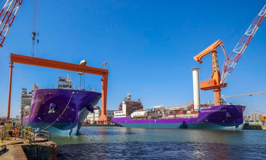 The world’s first 7,500 cubic meter liquid carbon dioxide transport ship No 1 and No 2, built by China State Shipbuilding Corporation Dalian Shipyard for Norway’s Northern Lights. Photo: SASAC The world’s first 7,500 cubic meter liquid carbon dioxide transport ship No 1 and No 2, built by China State Shipbuilding Corporation Dalian Shipyard for Norway’s Northern Lights. Photo: SASAC