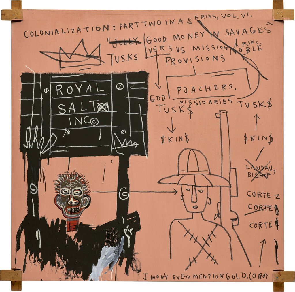 Native Carrying Some Guns, Bibles, Amorites on Safari (1982) by Jean-Michel Basquiat sold for HK$83 million at Phillips’ modern and contemporary art evening sale on May 31. Photo: Phillips Native Carrying Some Guns, Bibles, Amorites on Safari (1982) by Jean-Michel Basquiat sold for HK$83 million at Phillips’ modern and contemporary art evening sale on May 31. Photo: Phillips