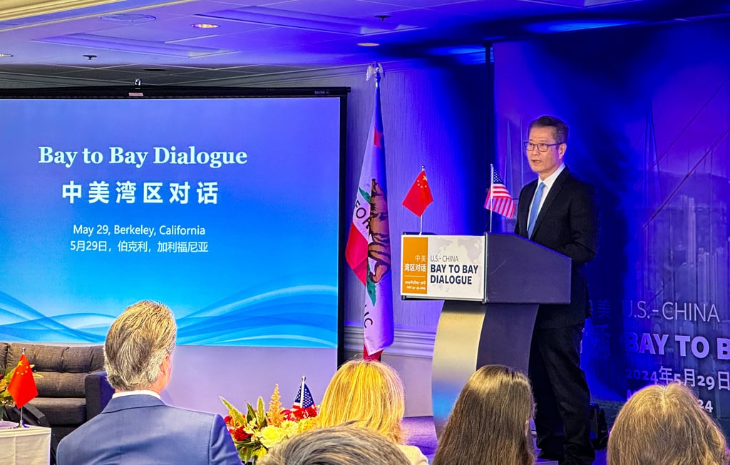 Hong Kong financial secretary Paul Chan Mo-po speaks at the “Bay to Bay Dialogue” forum which aimed to create synergies between bay areas in Southern China and California in the US. Photo: Natalie Wong