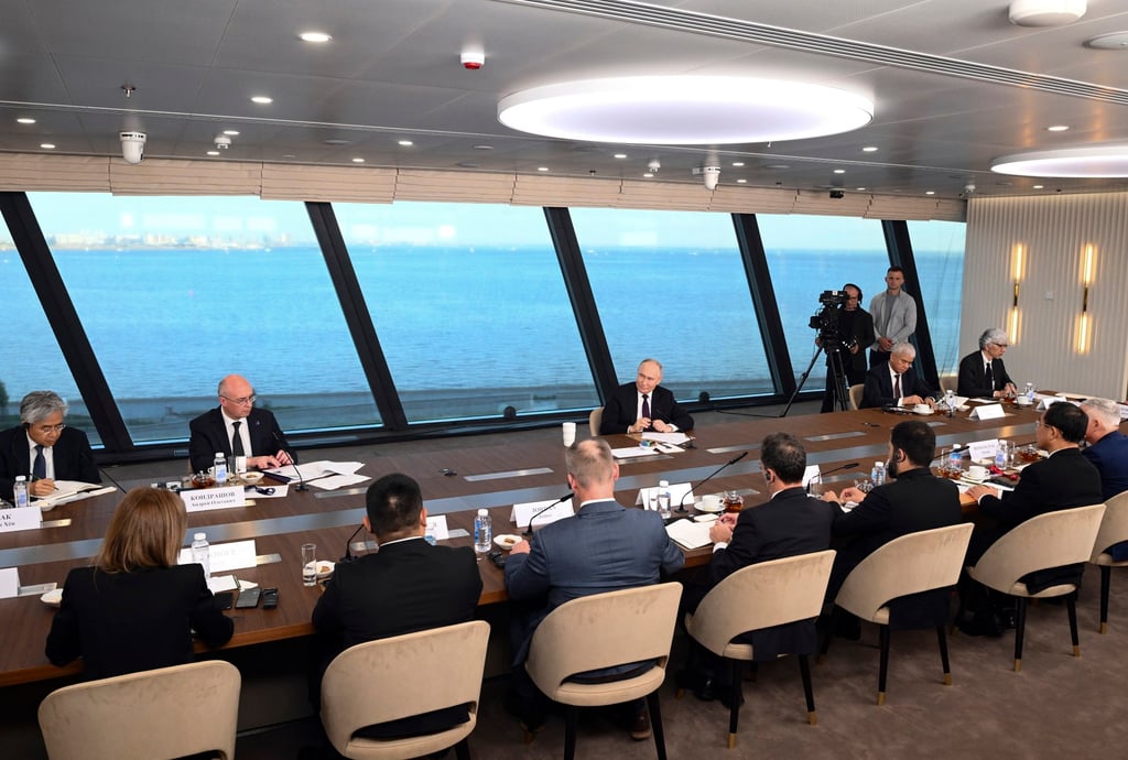 Russia’s President Vladimir Putin speaking to foreign news leaders. Photo: Sputnik via AP