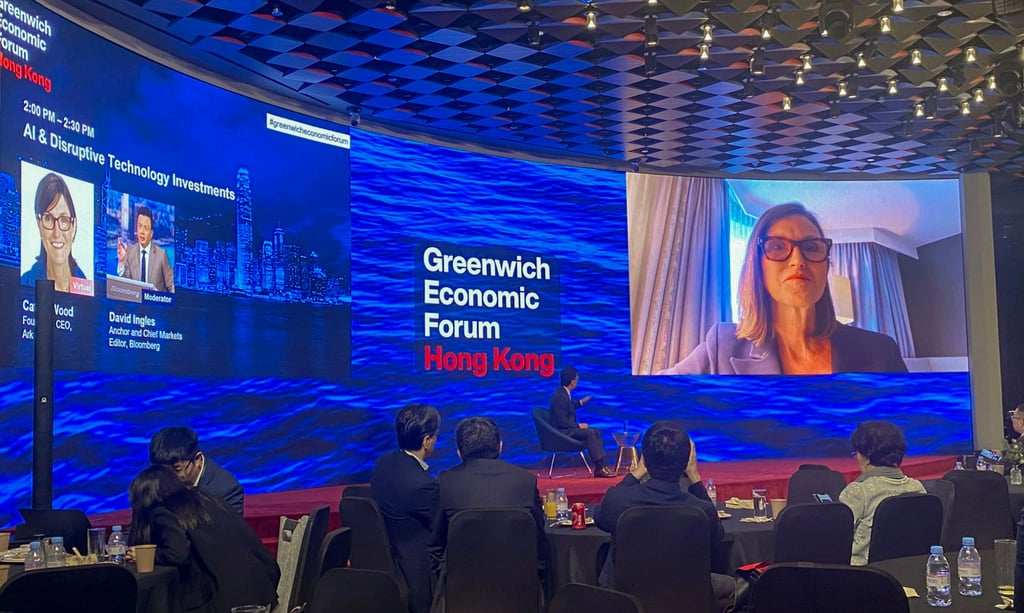Cathie Wood, CEO and CIO of Ark Investment Management, spoke on a virtual panel at the Greenwich Economic Forum in Hong Kong on Thursday. Photo: Jiaxing Li Cathie Wood, CEO and CIO of Ark Investment Management, spoke on a virtual panel at the Greenwich Economic Forum in Hong Kong on Thursday. Photo: Jiaxing Li