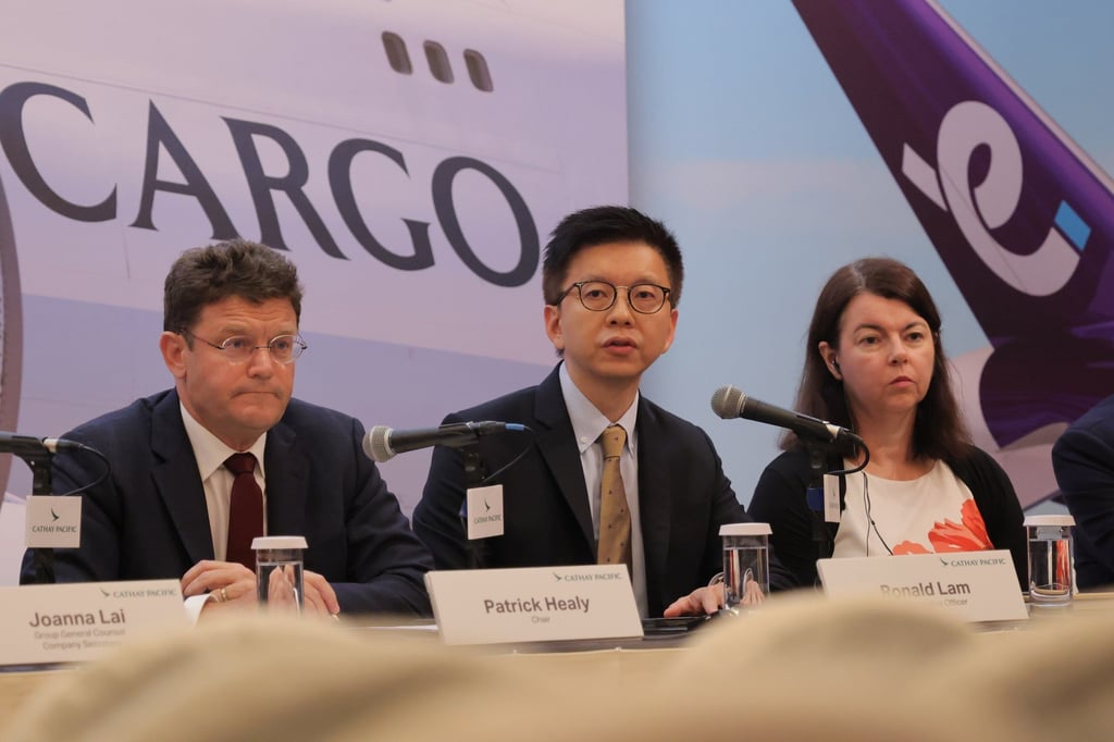 Cathay Pacific CFO Rebecca Sharpe (far right) had the carrier’s second-highest annual compensation at HK$9.71 million, up more than 35 per cent, while chairman Patrick Healy (far left) received HK$8.66 million, up more than 38 per cent. Photo; Jelly Tse Cathay Pacific CFO Rebecca Sharpe (far right) had the carrier’s second-highest annual compensation at HK$9.71 million, up more than 35 per cent, while chairman Patrick Healy (far left) received HK$8.66 million, up more than 38 per cent. Photo; Jelly Tse
