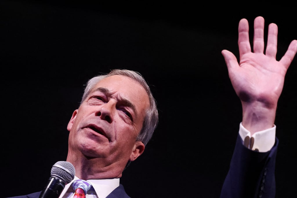 Nigel Farage during a keynote speech at a conference titled “National Conservatism” in Brussels this April. Photo: Reuters