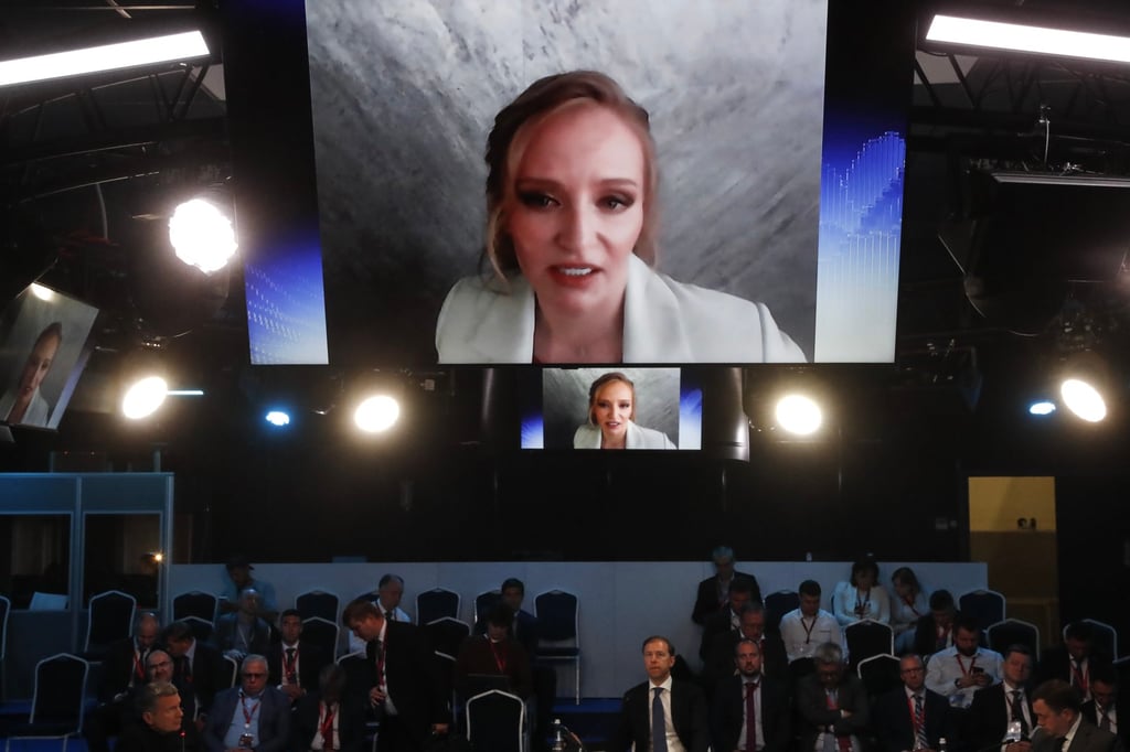 Tech executive Katerina Tikhonova (on screen) speaks during an online session at the St Petersburg International Economic Forum in Russia on Thursday. Photo: EPA-EFE