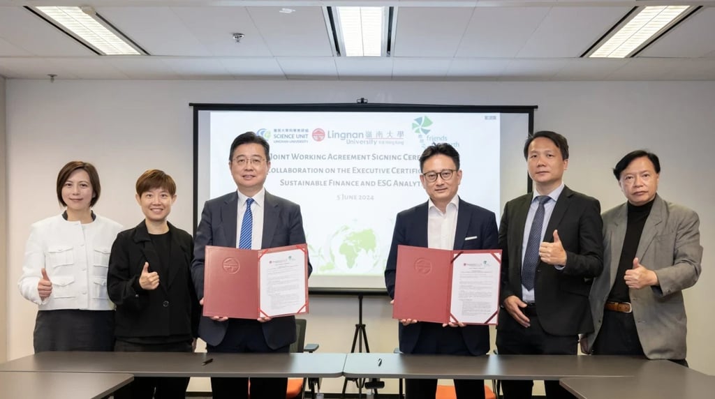 The partnership agreement signing ceremony. From left: Ms Sharon Fong, Senior Manager of Hong Kong Science and Technology Parks Corporation (HKSTP), Prof Paulina Wong, Head of the Science Unit at Lingnan University, Prof Lau Chi-pang, Mr Plato Yip, Chairperson of FoE (HK), Dr Jeffrey Hung, Chief Executive Officer of FoE (HK), Dr Ir. Rosiah Ho, Adjunct Assistant Professor of Lingnan University. Photo: Lingnan University