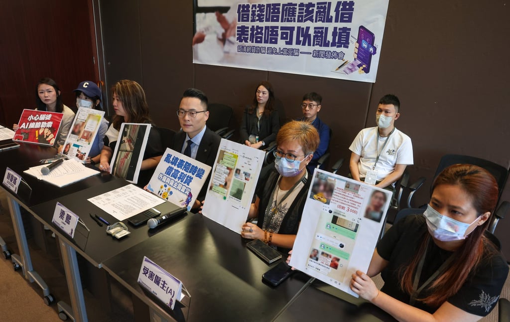 Coalition president Chrystie Lam (third left) and lawmaker Edward Leung (fourth left) join a press conference on Sunday warning about the latest scam. Photo: Jonathan Wong Coalition president Chrystie Lam (third left) and lawmaker Edward Leung (fourth left) join a press conference on Sunday warning about the latest scam. Photo: Jonathan Wong