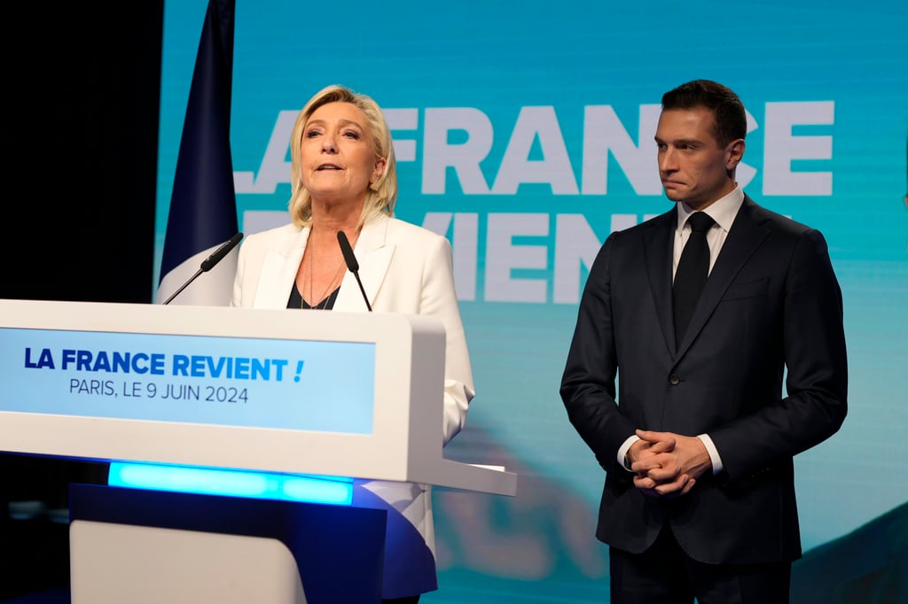 French far-right leader Marine Le Pen and Jordan Bardella, president of the French National Rally. Photo: AP