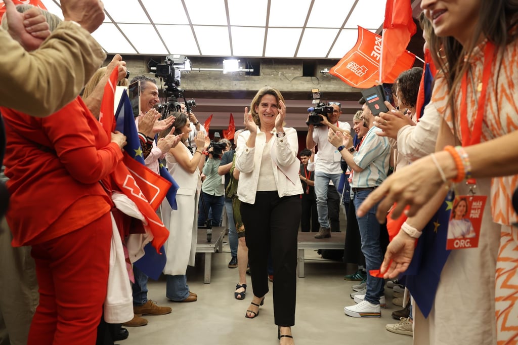PSOE’s candidate Teresa Ribera arrives for an evaluation of the European elections results at the party’s headquarters in Madrid. Photo: EPA-EFE