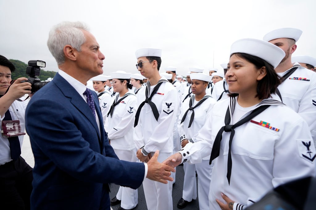 US Ambassador to Japan Rahm Emanuel greets crew of the US navy aircraft carriers USS Ronald Reagan before its voyage at the US navy’s Yokosuka base, south of Tokyo. Photo: AP
