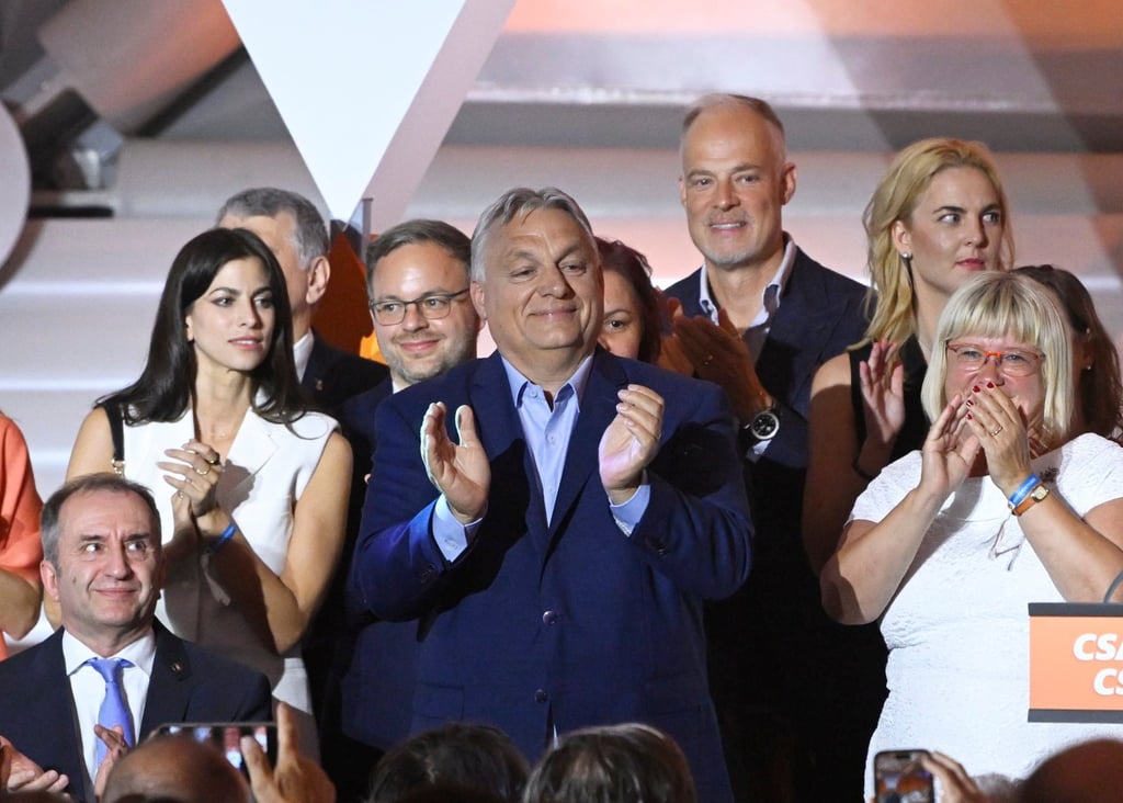 Hungarian Prime Minister Viktor Orban (middle) attends the Fidesz party’s election night party after the European parliament and local elections in Budapest. Hungary has plummeted in gender equality indexes under Orban’s 14-year rule to last place in the 27-member EU. Photo: EPA-EFE Hungarian Prime Minister Viktor Orban (middle) attends the Fidesz party’s election night party after the European parliament and local elections in Budapest. Hungary has plummeted in gender equality indexes under Orban’s 14-year rule to last place in the 27-member EU. Photo: EPA-EFE