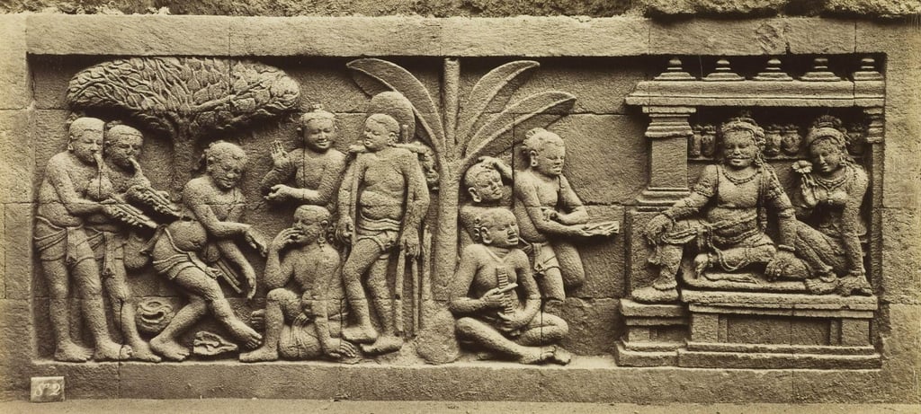 A stone mural carved at Java’s Borobudur temple depicts the use of a jamu pot (lower left). Photo: Leiden University A stone mural carved at Java’s Borobudur temple depicts the use of a jamu pot (lower left). Photo: Leiden University