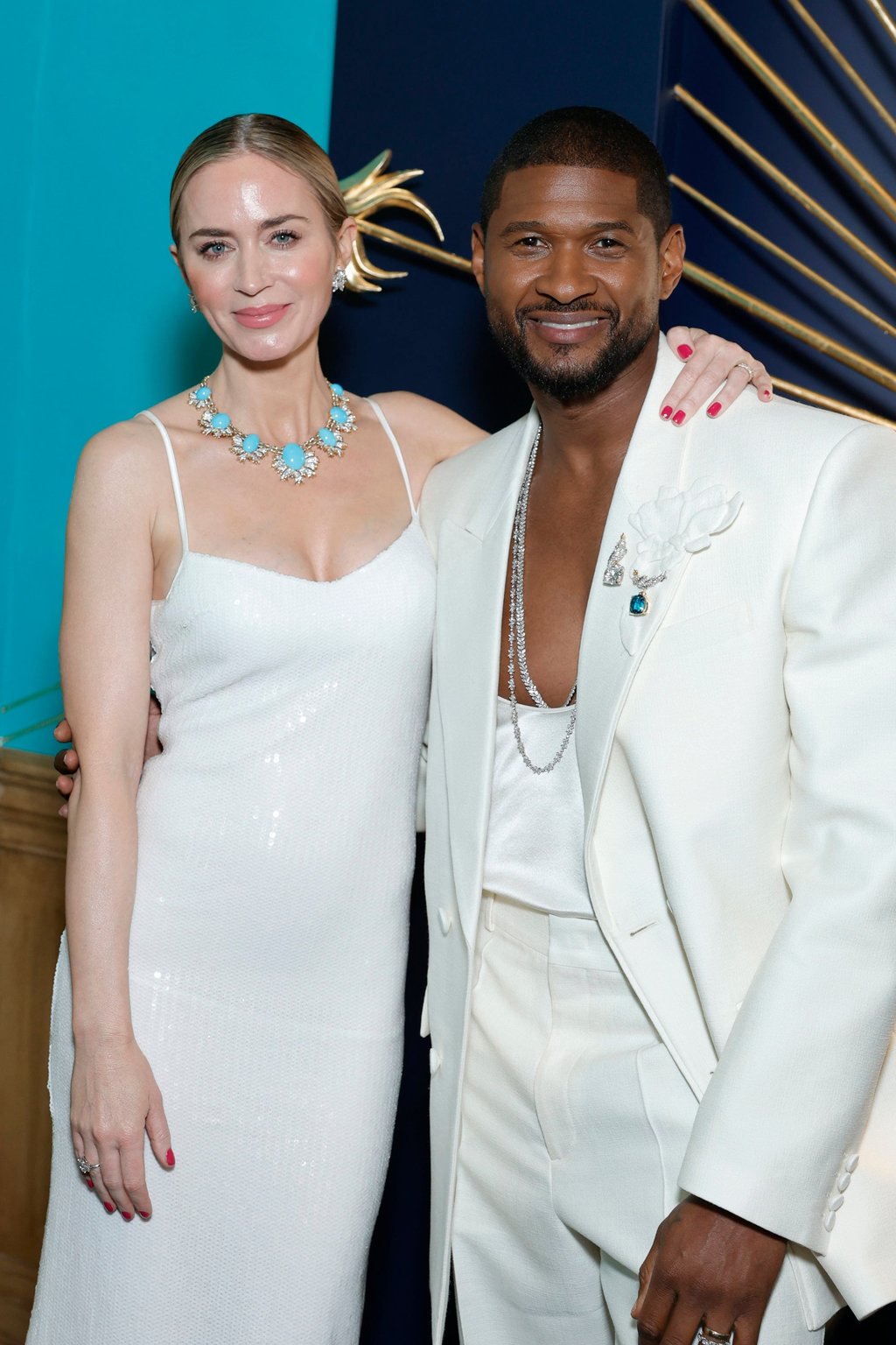 Emily Blunt and Usher at the Tiffany & Co. launch of the Tiffany Céleste high jewellery collection in Los Angeles. Photo: Getty Images