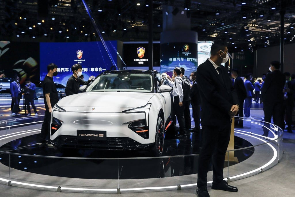 A Hengchi electric car by China Evergrande New Energy Vehicle Group on display at the Auto Shanghai 2021 show in Shanghai on April 19, 2021. Photo: Bloomberg