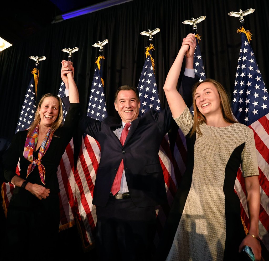 Democratic congressman Tom Suozzi (centre), with his wife Helene (left) and daughter Caroline (right), upon winning election to the US House of Representatives on February 13, 2024, in Woodbury, New York. Photo: EPA-EFE