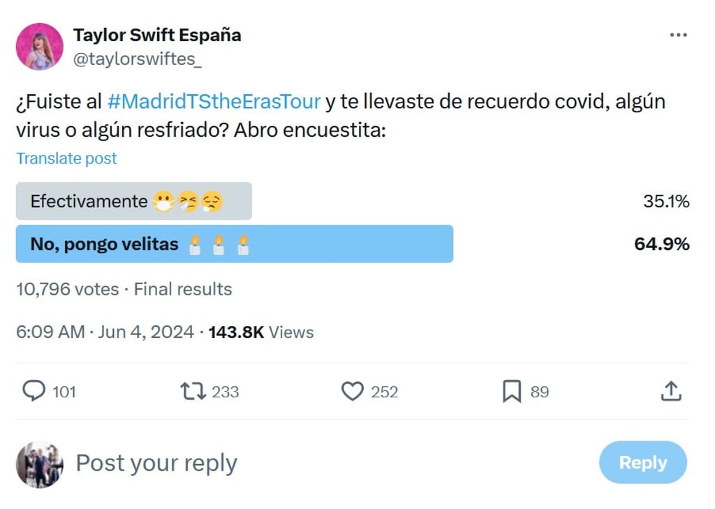 Screenshot of a poll posted on X asking how many people caught Covid-19 at Taylor Swift’s Madrid concert. Photo:X/taylorswiftes_ Screenshot of a poll posted on X asking how many people caught Covid-19 at Taylor Swift’s Madrid concert. Photo:X/taylorswiftes_