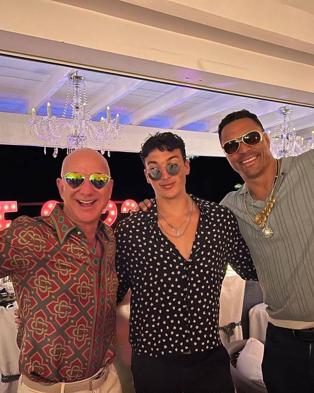 Amazon founder and billionaire Jeff Bezos with his fiancée’s son Nikko, and Nikko’s father Tony Gonzalez. Photo: Instagram