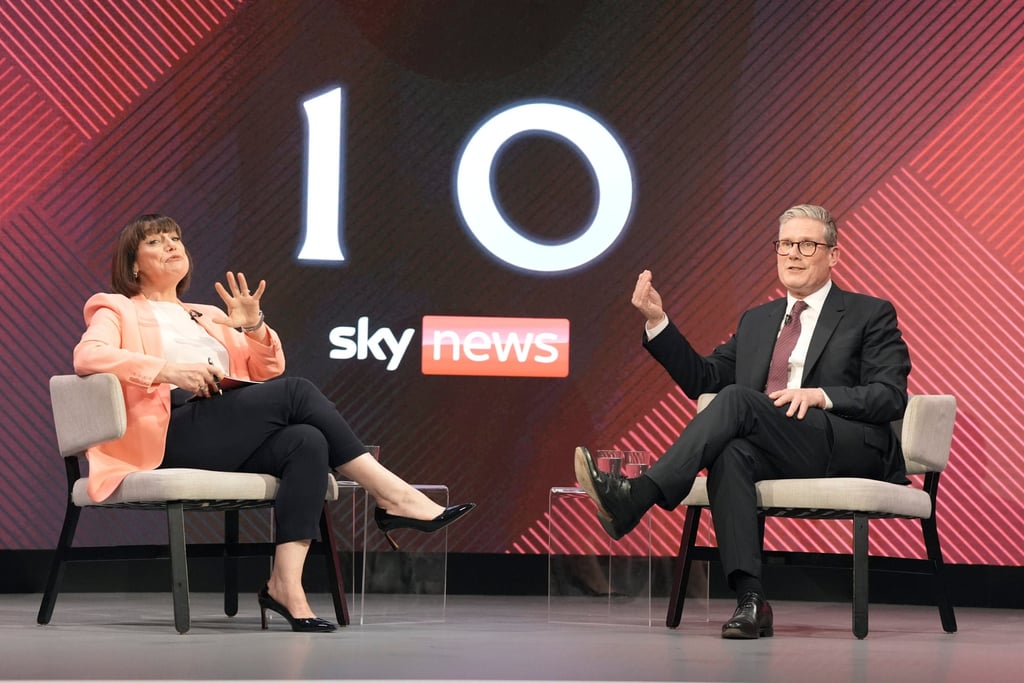 Britain’s Labour Party leader Keir Starmer speaks with Sky’s political editor Beth Rigby during the Sky News election debate on Wednesday. Photo: AP Britain’s Labour Party leader Keir Starmer speaks with Sky’s political editor Beth Rigby during the Sky News election debate on Wednesday. Photo: AP