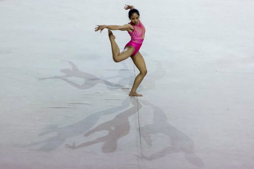 Rifda Irfanaluthfi performs a floor exercise routine as she trains for Paris at a gymnasium in Jakarta. Photo: Reuters