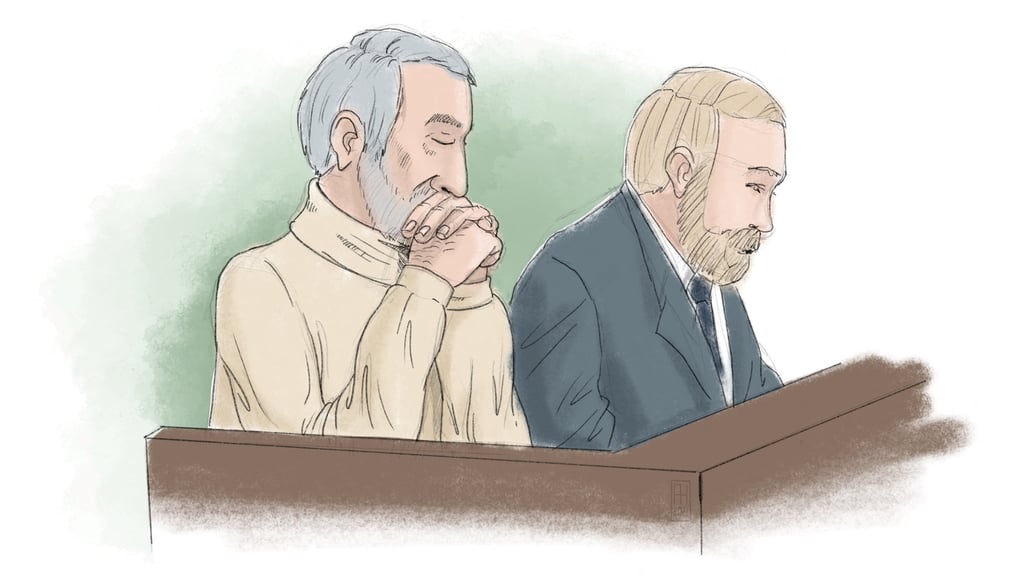 In this courtroom sketch Hamid Noury, accused of involvement in the massacre of political prisoners in Iran in 1988, sits with lawyer Thomas Soderqvist during his trial in Stockholm in 2021. Photo: via Reuters