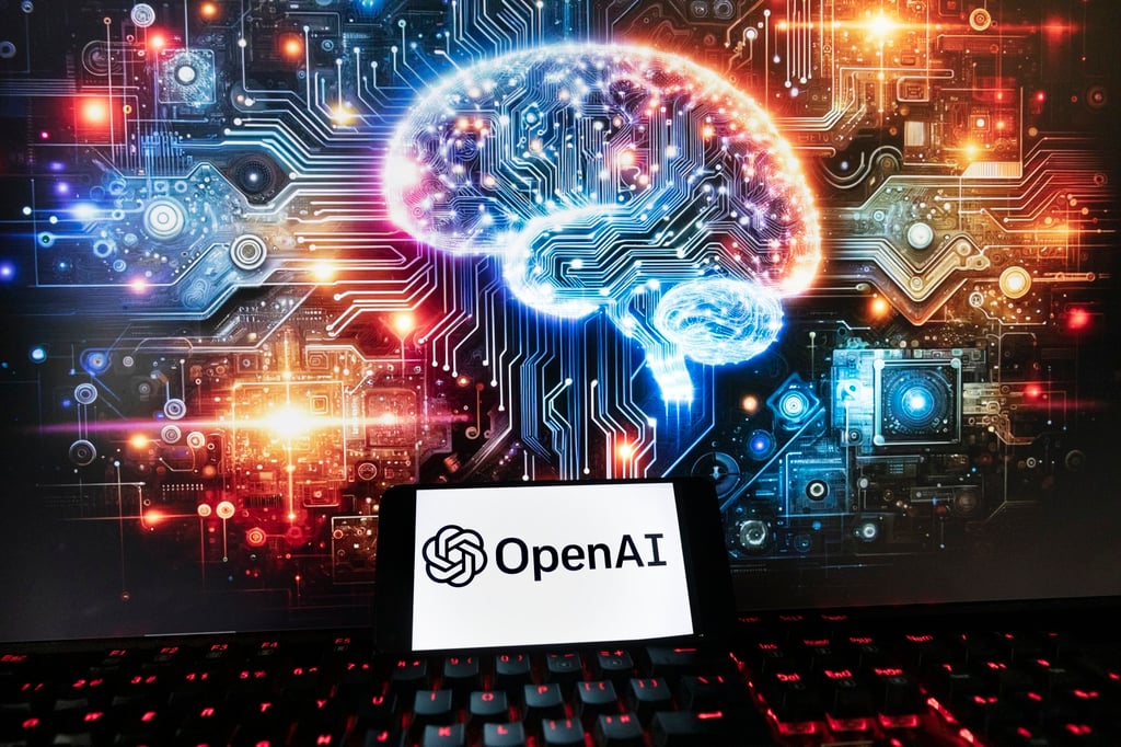 The OpenAI logo is displayed on a smartphone in front of an image generated by ChatGPT’s Dall-E text-to-image model, December 8, 2023 Photo: AP