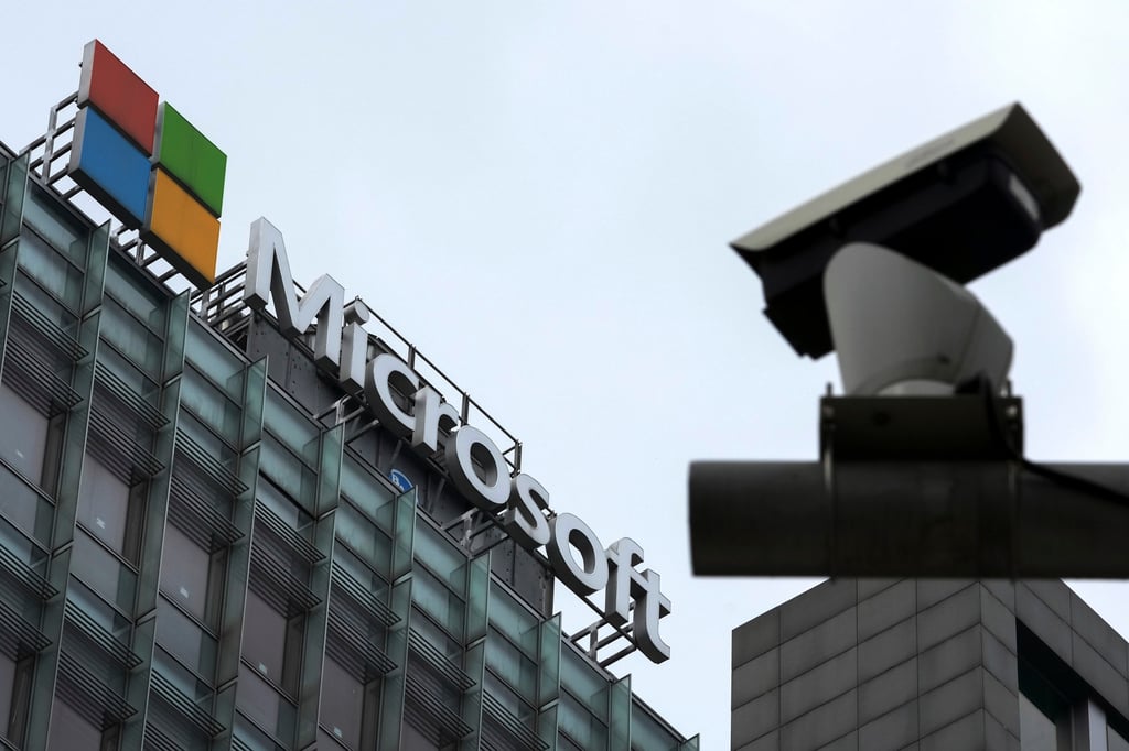 A security surveillance camera is seen near the Microsoft office building in Beijing, July 20, 2021. Photo: AP