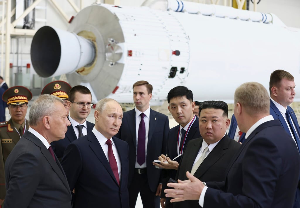 Putin and Kim examine a rocket assembly hangar during their meeting at Russia’s Vostochny cosmodrome in the far eastern Amur region last year. Photo: AP Putin and Kim examine a rocket assembly hangar during their meeting at Russia’s Vostochny cosmodrome in the far eastern Amur region last year. Photo: AP