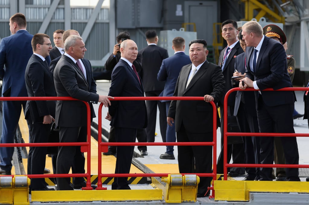 Putin and North Korean leader Kim Jong-un (centre right) examine a launch pad at the Vostochny cosmodrome in Russia’s far eastern Amur region last year. Photo: Sputnik via AP