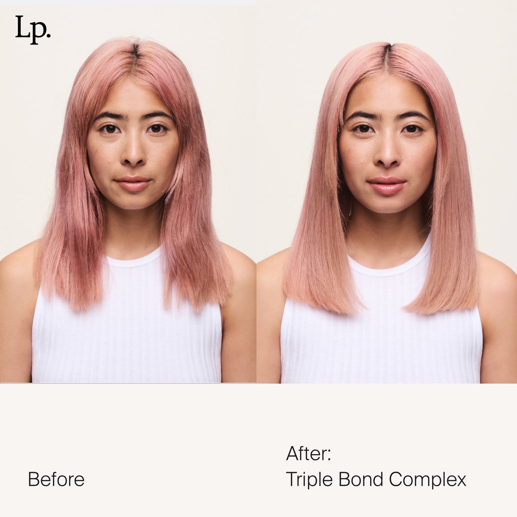 Hair health is affected by numerous factors, and bond builders help by reducing breakage and improving texture and appearance. A model is pictured before and after using Living Proof’s Triple Bond Complex treatment