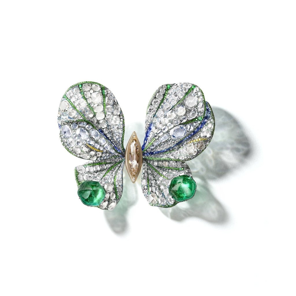 Cindy Chao 2023 Black Label Masterpiece I: Amour Butterfly brooch, featuring aquamarines, garnets and tsavorites. Photos: Handout