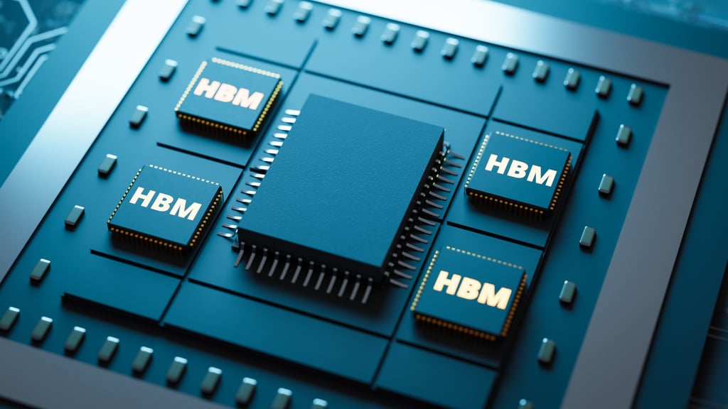 A 3D rendering of high bandwidth memory chips bundled with an advanced artificial intelligence processor built on servers in a data centre. Photo: Shutterstock