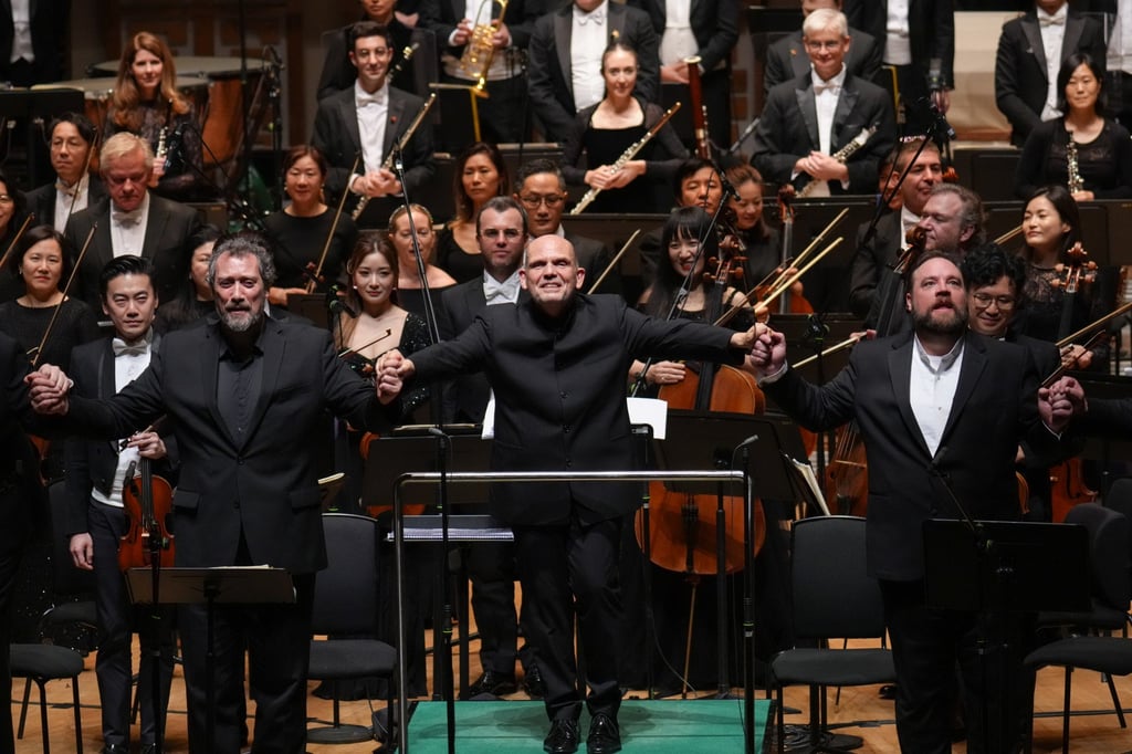 Conductor Jaap van Zweden (centre), bass Ain Anger (left), bass-baritone Brian Mulligan and the Hong Kong Philharmonic Orchestra receive applause after their performance of The Flying Dutchman on June 21, 2024. Photo: Desmond Chan/HK Phi) Conductor Jaap van Zweden (centre), bass Ain Anger (left), bass-baritone Brian Mulligan and the Hong Kong Philharmonic Orchestra receive applause after their performance of The Flying Dutchman on June 21, 2024. Photo: Desmond Chan/HK Phi)