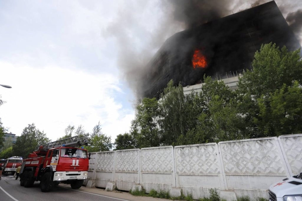 Fire and smoke billow from the burning building. Photo: Governor of the Moscow Region Andrei Vorobyov via Telegram