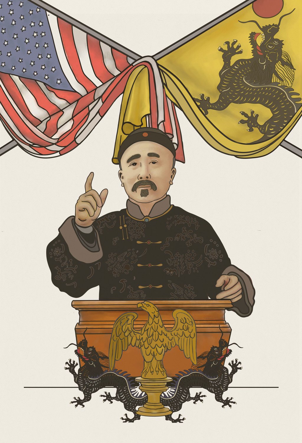 A depiction of Wu giving a speech on a podium framed by United States and Imperial Qing flags. Illustration: Samuel Porteous