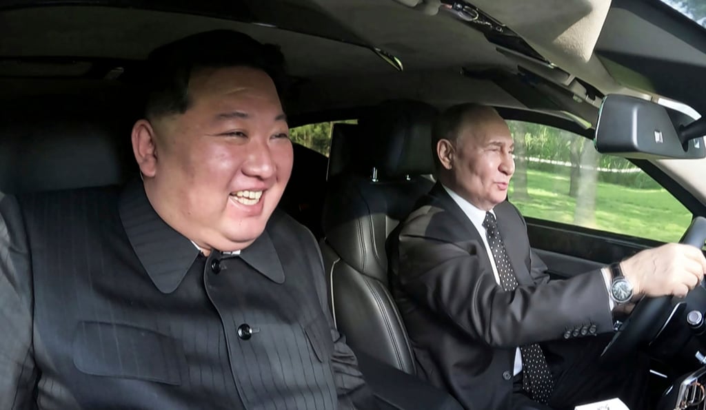 Russia’s President Vladimir Putin (right) drives in Pyongyang with North Korean leader Kim Jong-un in the passenger seat on June 19. Photo: Korean Central News Agency/Korea News Service via AP Russia’s President Vladimir Putin (right) drives in Pyongyang with North Korean leader Kim Jong-un in the passenger seat on June 19. Photo: Korean Central News Agency/Korea News Service via AP