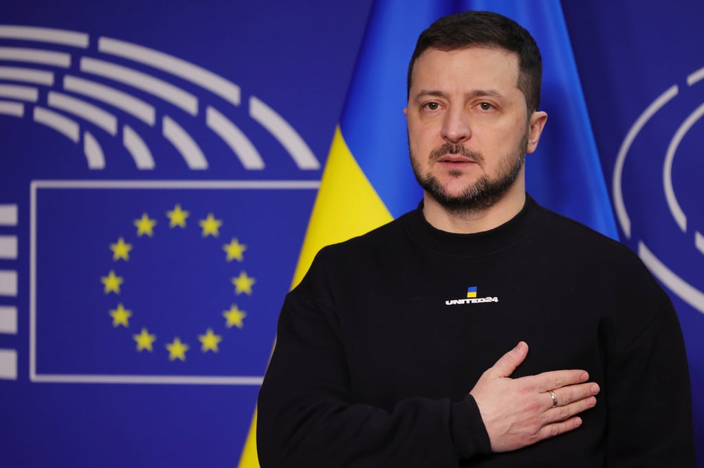 Ukraine’s President Volodymyr Zelensky poses for a picture before an EU summit in Brussels in February. Photo: AP Ukraine’s President Volodymyr Zelensky poses for a picture before an EU summit in Brussels in February. Photo: AP