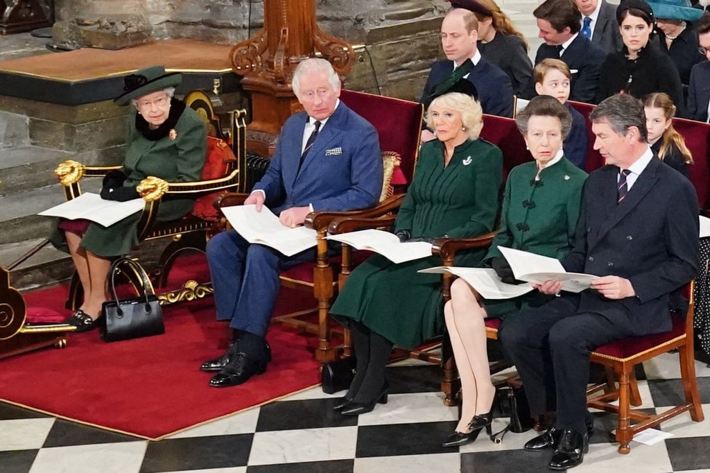 Princess Anne and Timothy Laurence (right) sit with the rest of the royal family during a thanksgiving service for Queen Elizabeth’s late husband, Prince Philip, a year after his death. Photo: AP Princess Anne and Timothy Laurence (right) sit with the rest of the royal family during a thanksgiving service for Queen Elizabeth’s late husband, Prince Philip, a year after his death. Photo: AP