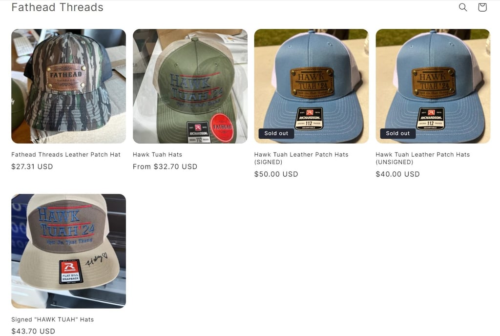 Fathead Threads’ website showing the price of the “hawk tuah” girl’s caps. Photo: Fathead Threads